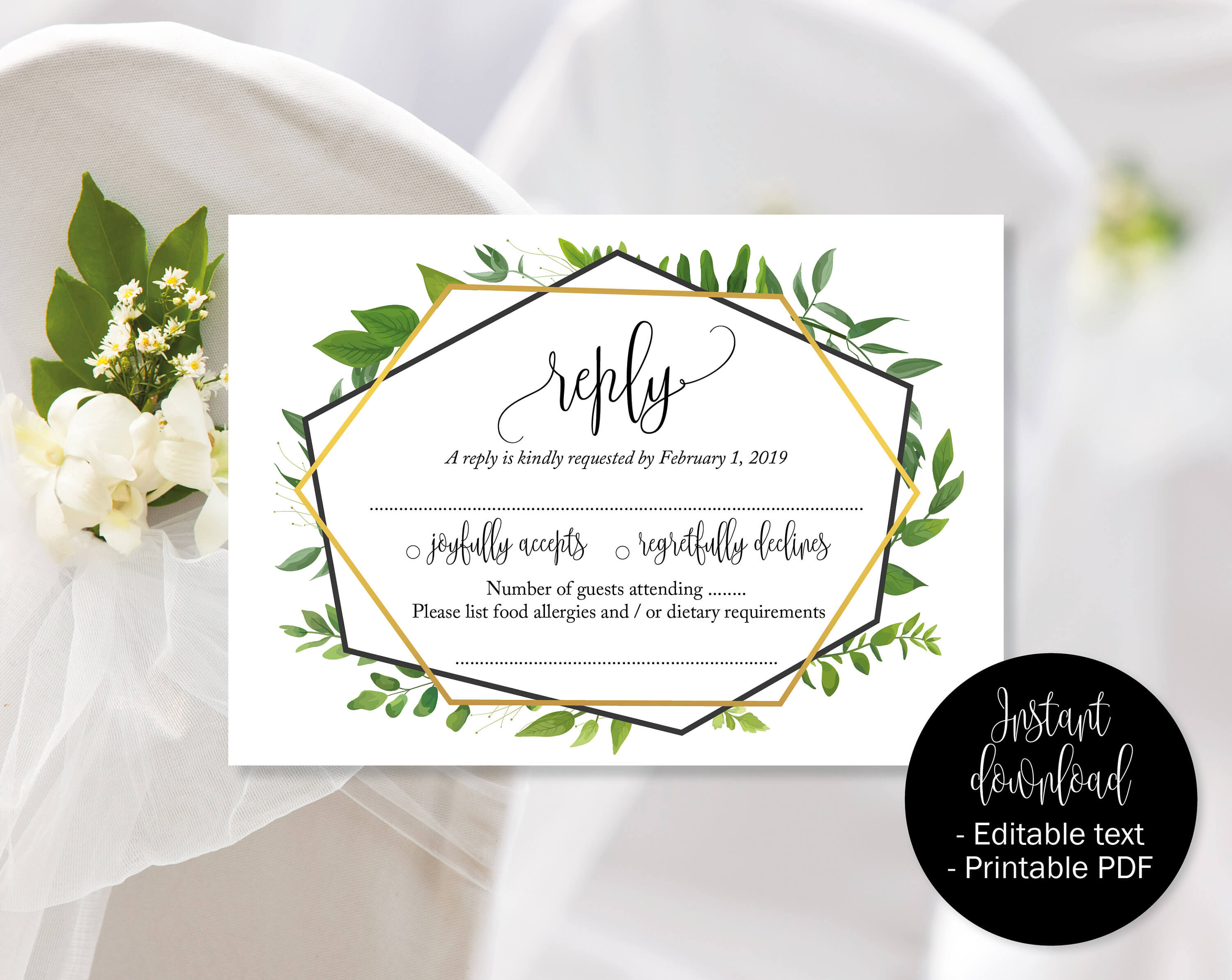 Green Wedding Rsvp Cards, Wedding Reply Attendance Acceptance Cards, Rsvp  Template Printable Editable Wedding Download Simple Rsvp Insert In Acceptance Card Template