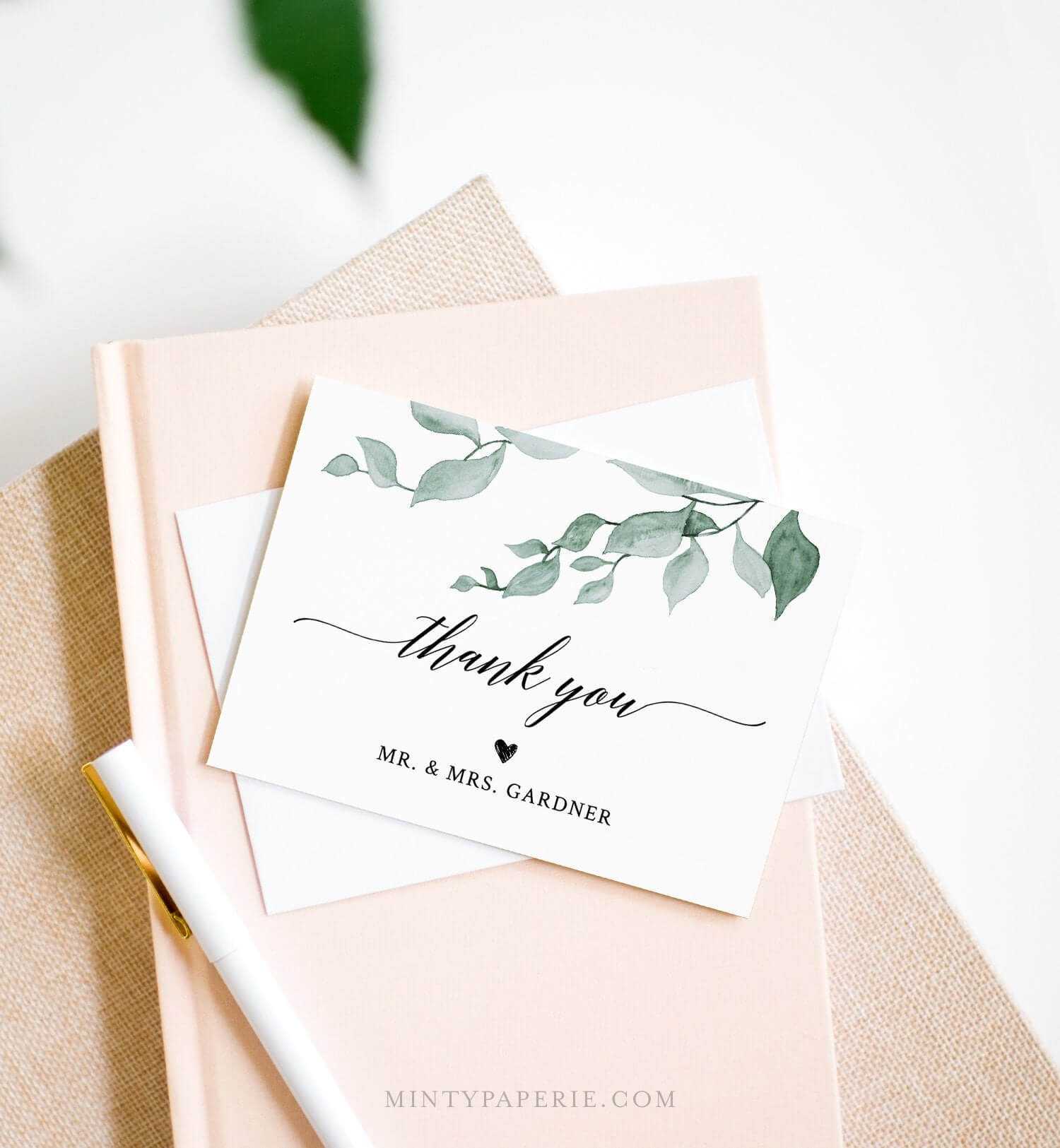 Greenery Thank You Note Card Template, Folded Wedding Or With Regard To Thank You Note Card Template