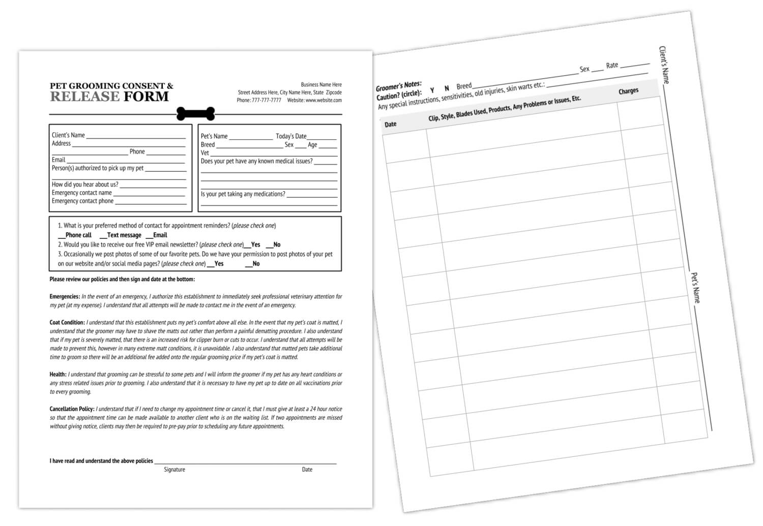 Grooming Release Form Template & Printable Pdf Inside Dog Grooming Record Card Template