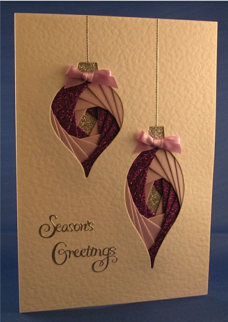Handmade Christmas Card  Two Baubles With Pink And Purple Within Iris Folding Christmas Cards Templates