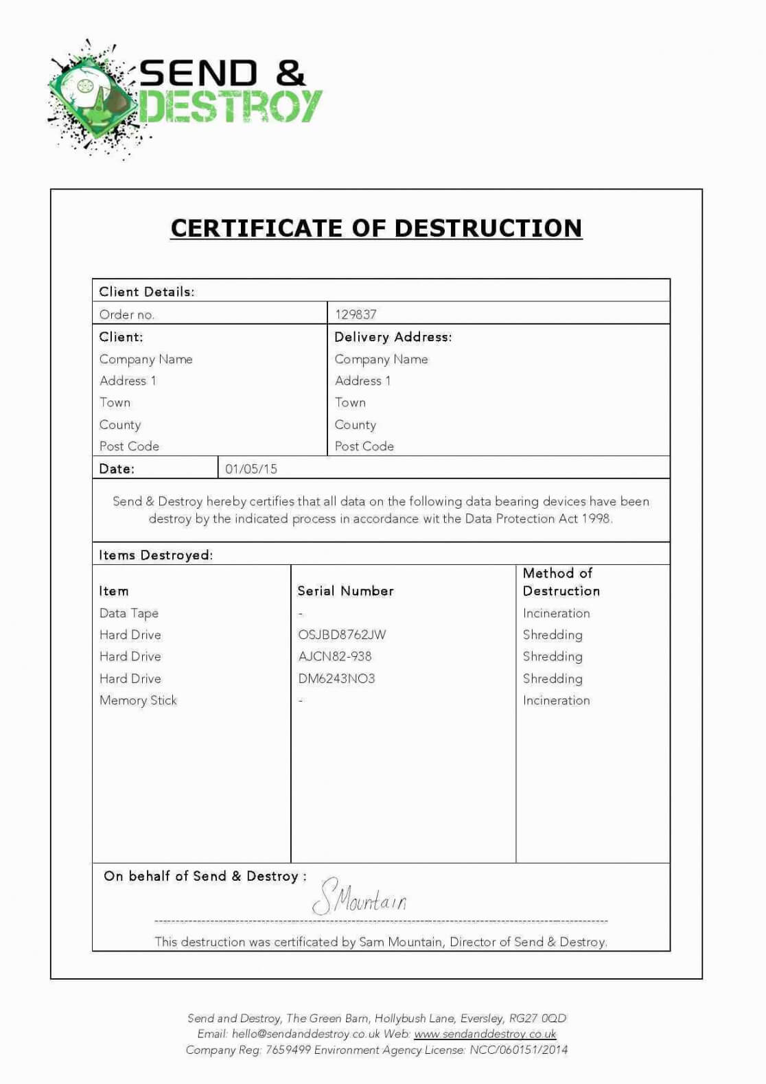 Hard Drive Destruction Certificate Template Pertaining To Hard Drive Destruction Certificate Template
