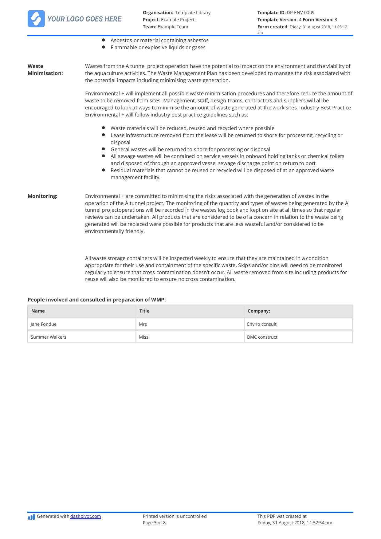 Hazardous Waste Management Plan Template – Free And Editable In Waste Management Report Template