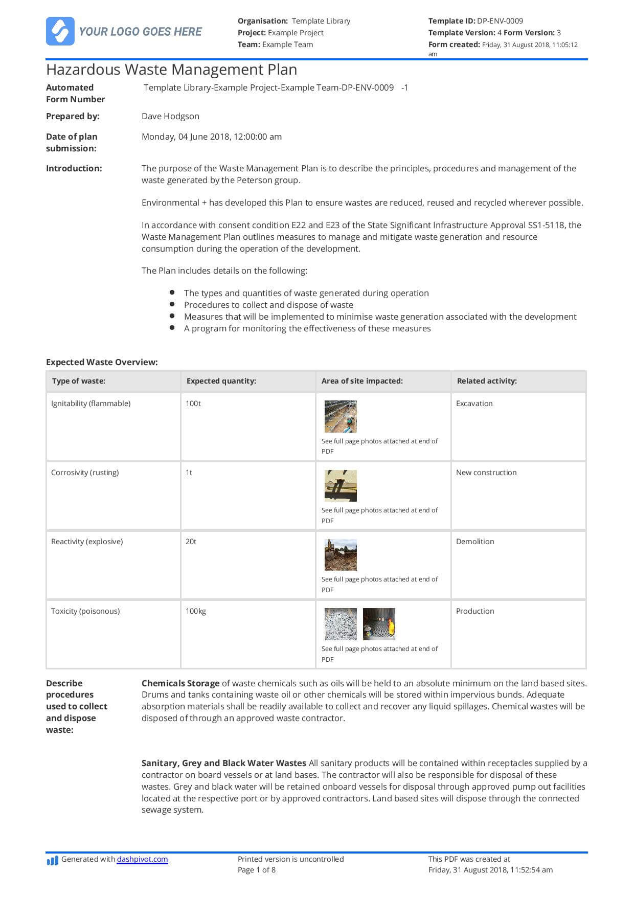 Hazardous Waste Management Plan Template – Free And Editable Inside Waste Management Report Template
