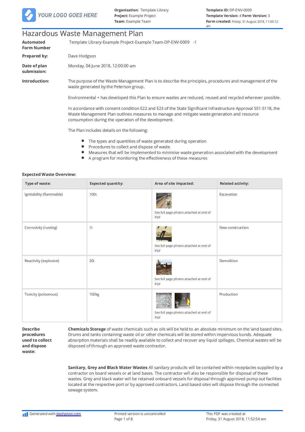 Hazardous Waste Management Plan Template – Free And Editable Inside Waste Management Report Template