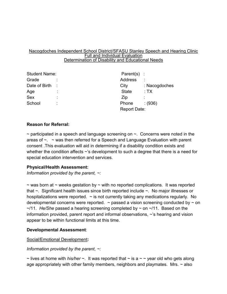 Head Start Evaluation Template For Speech And Language Report Template