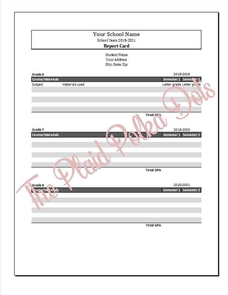 Homeschool Report Card Middle School (Grades 6 8) Within Middle School Report Card Template