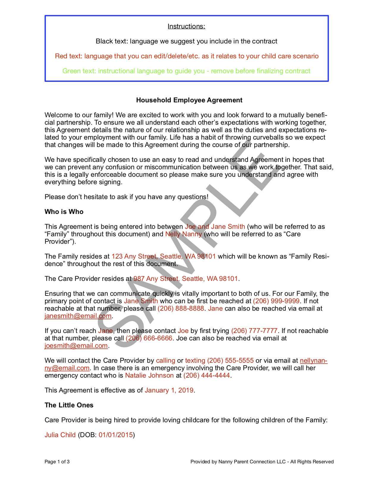 Household Employee Agreement | Nanny Parent Connection In Nanny Contract Template Word