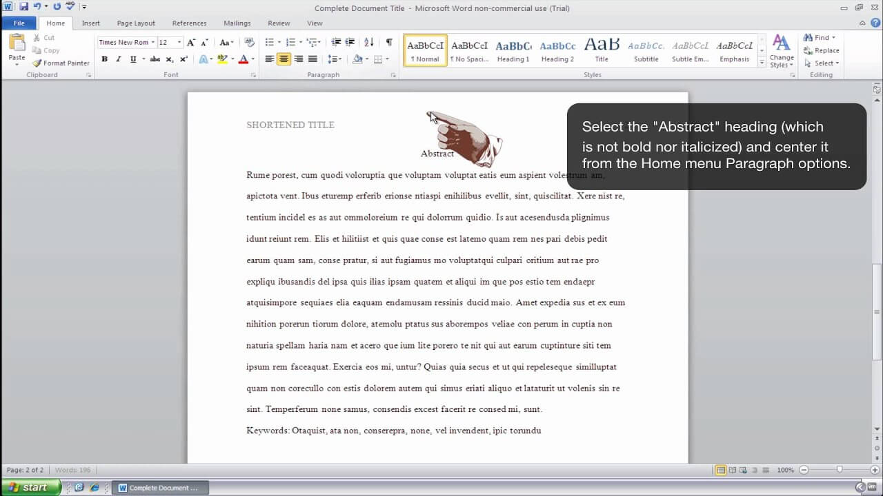 How To Format An Abstract Page In Apa Style – Ms Word 2010 (Windows) Pertaining To Apa Template For Word 2010
