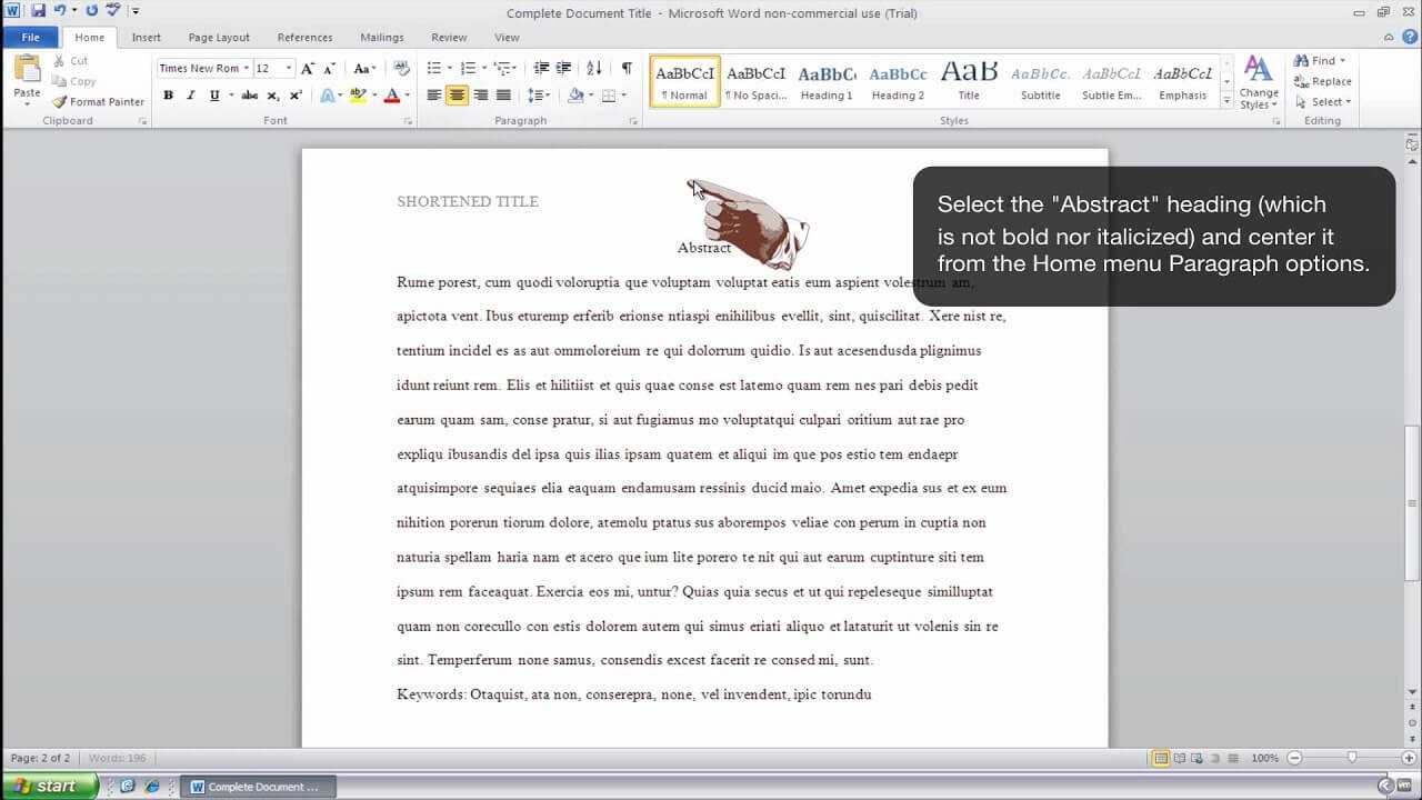 How To Format An Abstract Page In Apa Style – Ms Word 2010 (Windows) Pertaining To Apa Template For Word 2010