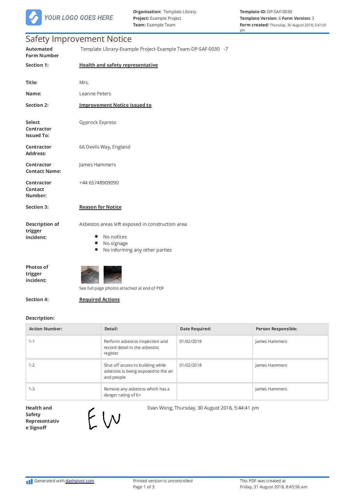 Hse Improvement Notice Example: Free To Use And Editable Pertaining To Hse Report Template