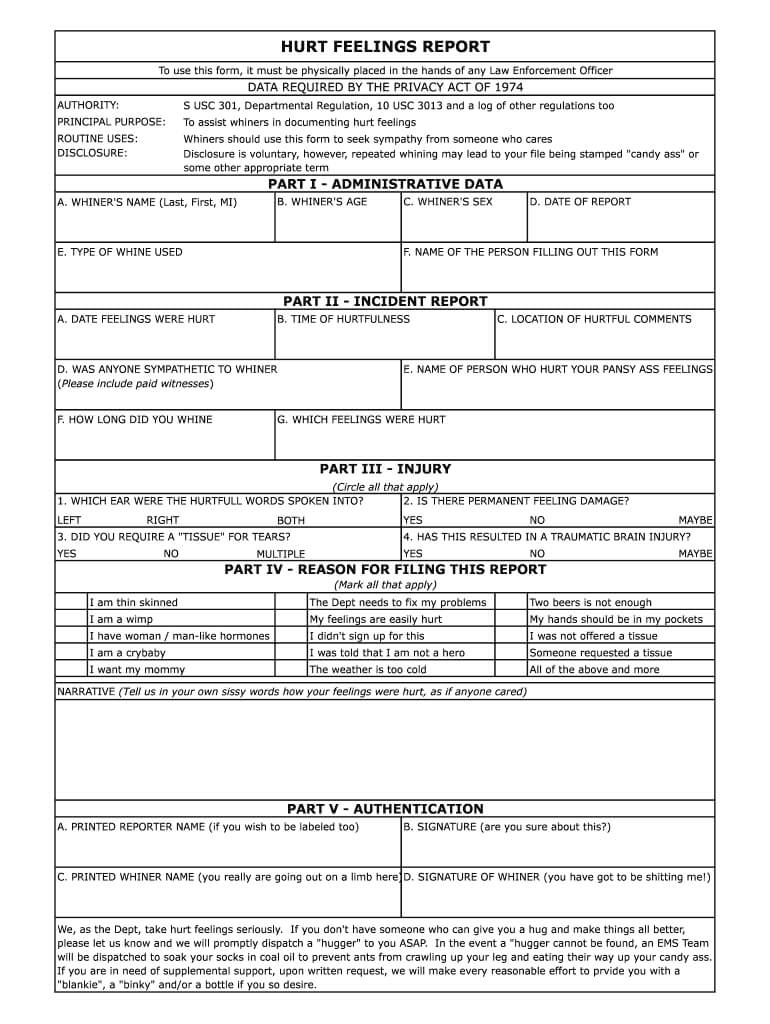 Hurt Feelings Report – Fill Online, Printable, Fillable For Hurt Feelings Report Template