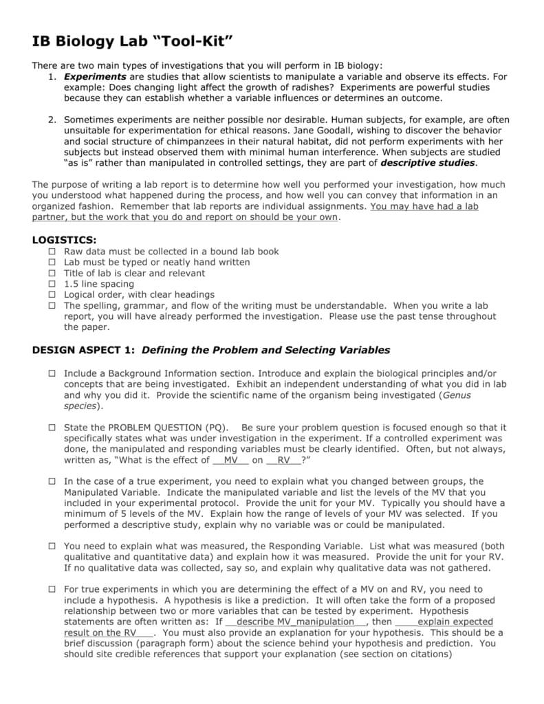 Ib Biology Lab “Tool Kit” With Ib Lab Report Template