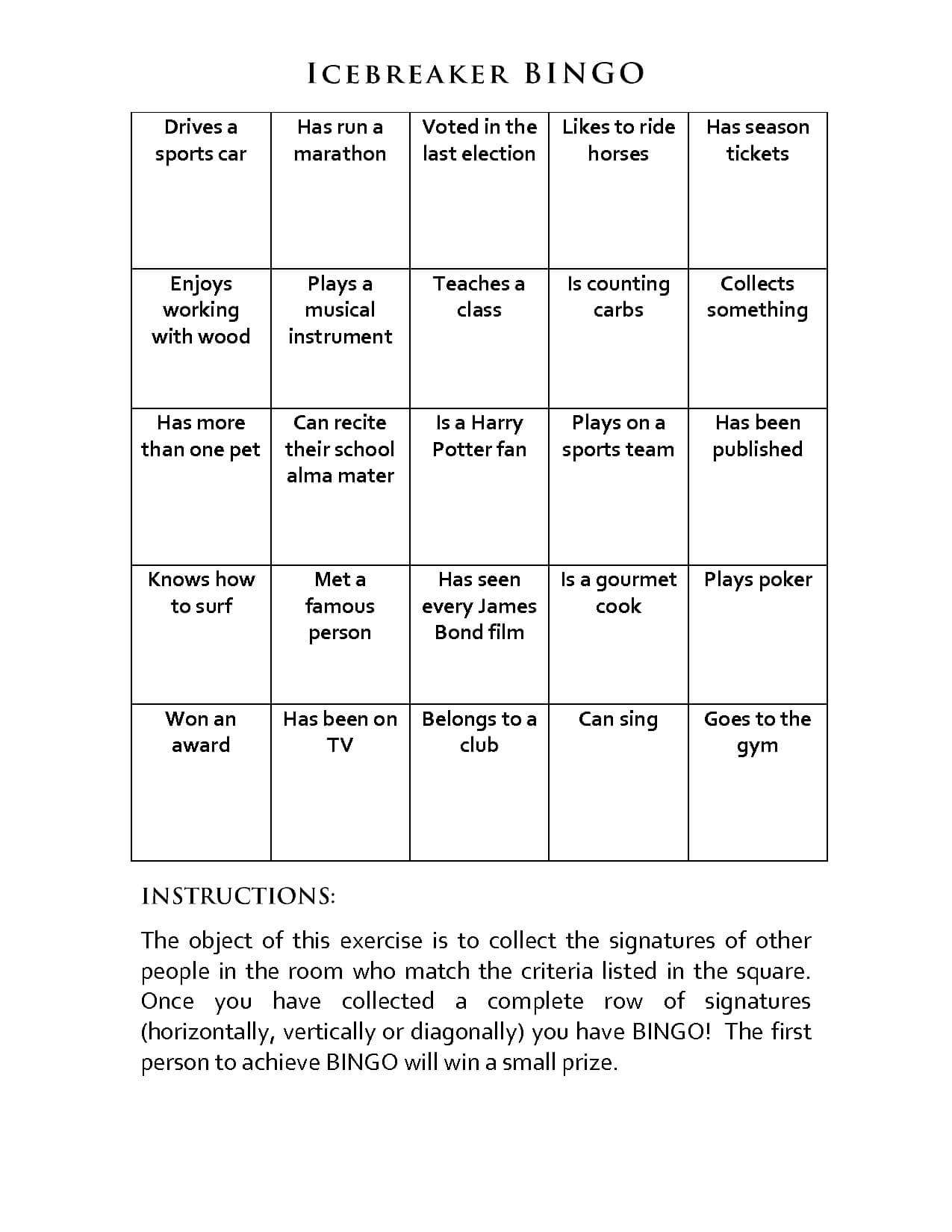 Printable Icebreaker Bingo