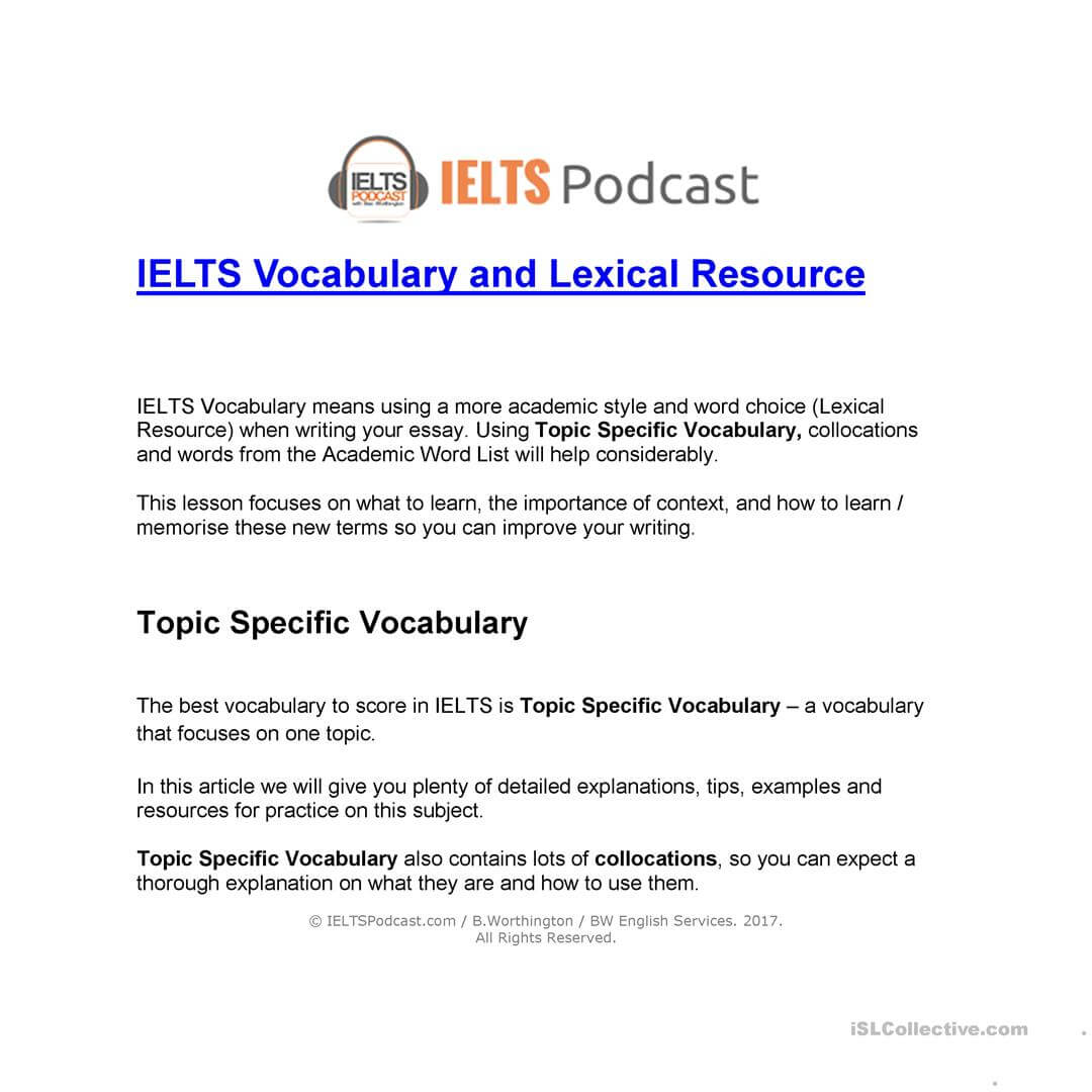 Ielts Vocabulary And Lexical Resource – English Esl Worksheets Inside Vocabulary Words Worksheet Template