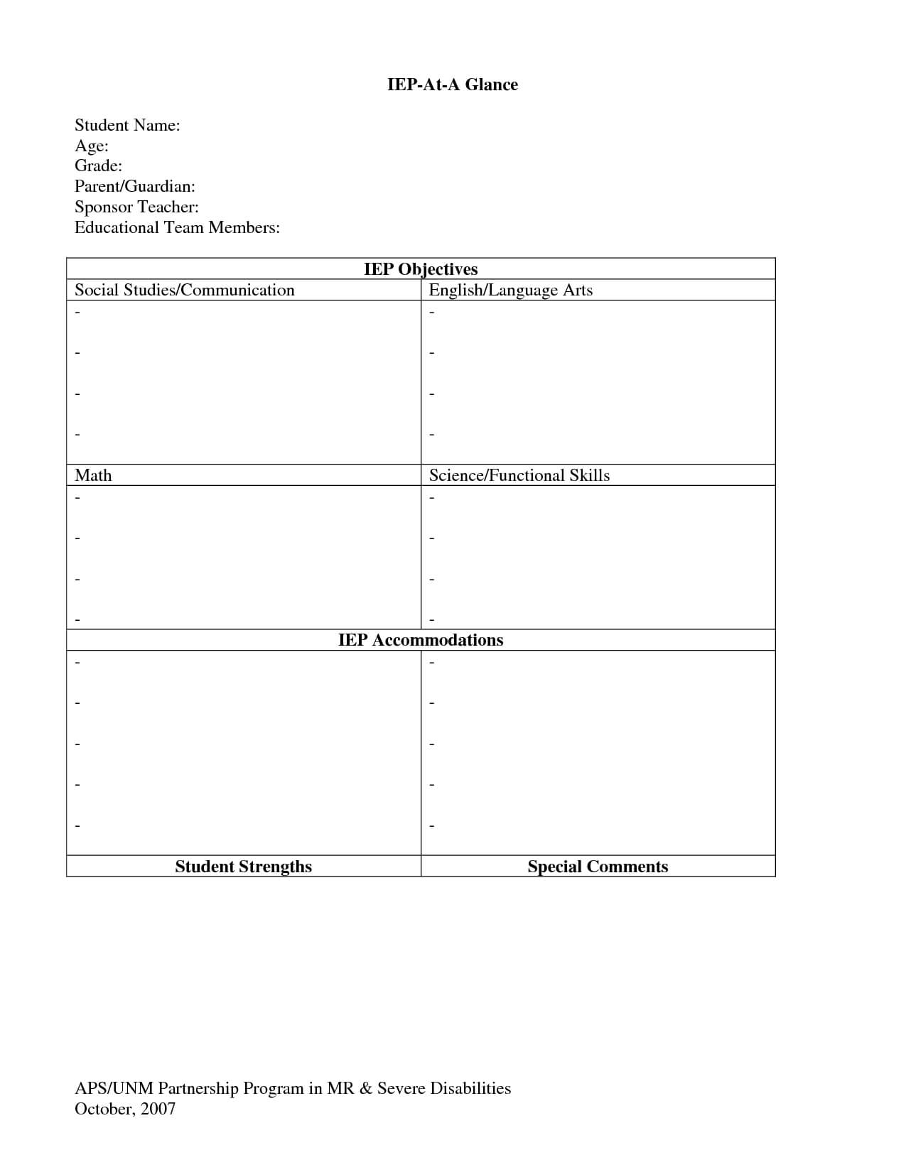 Iep At A Glance Template – | School | School Social Work Throughout Blank Iep Template