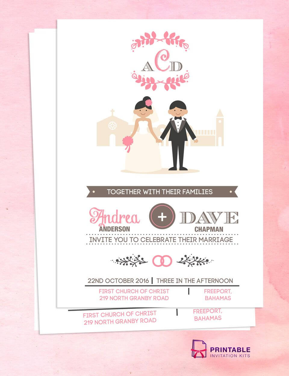 Illustrated Couple In Front Of Church Wedding Invitation In Church Invite Cards Template