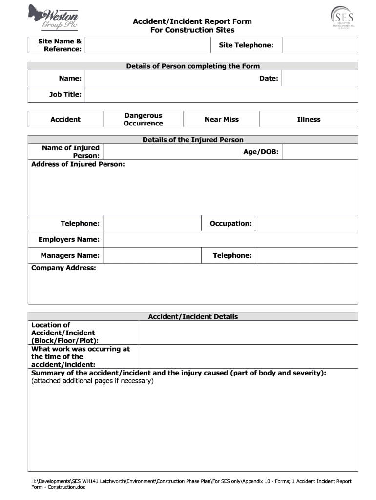 Incident Report Template – Fill Online, Printable, Fillable Pertaining To Construction Accident Report Template