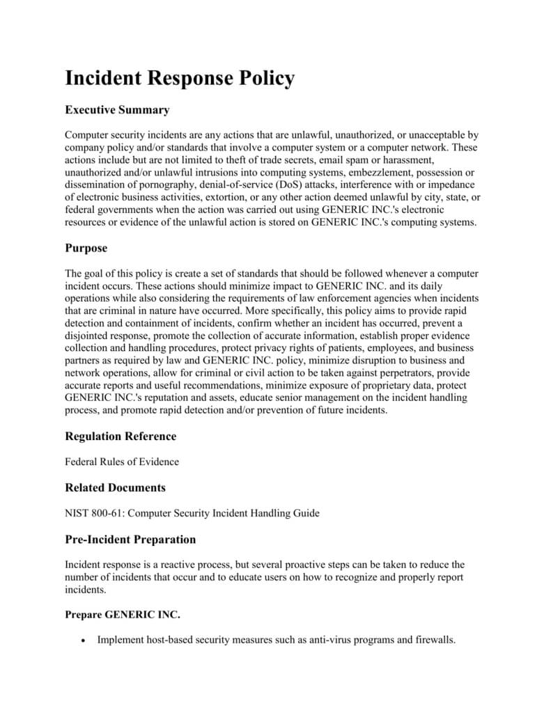 Incident Response Policy Executive Summary Computer Security Intended For Incident Summary Report Template