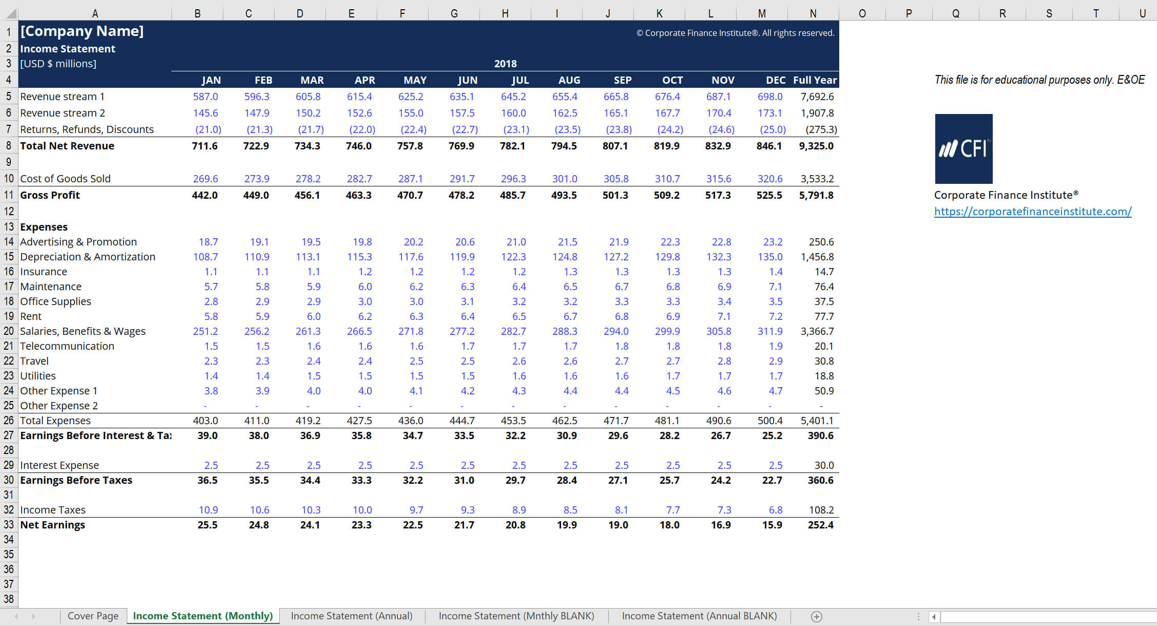 Income Statement Excel Model Template – Cfi Marketplace In Financial Reporting Templates In Excel