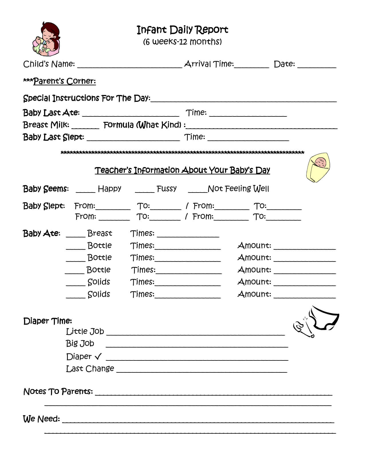 Infant Daily Report | Infant Daily Report, Daycare Forms Intended For Daycare Infant Daily Report Template