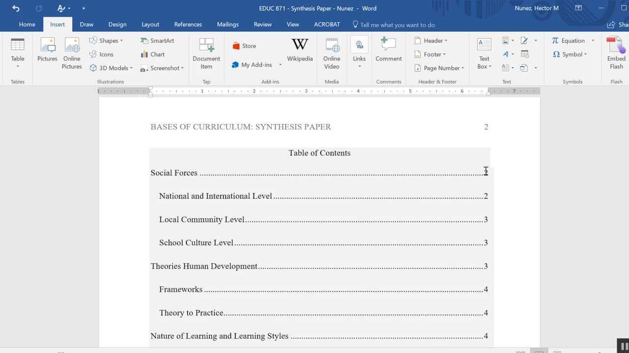 Inserting A Table Of Contents In An Apa Formatted Paper With Microsoft Word Table Of Contents Template