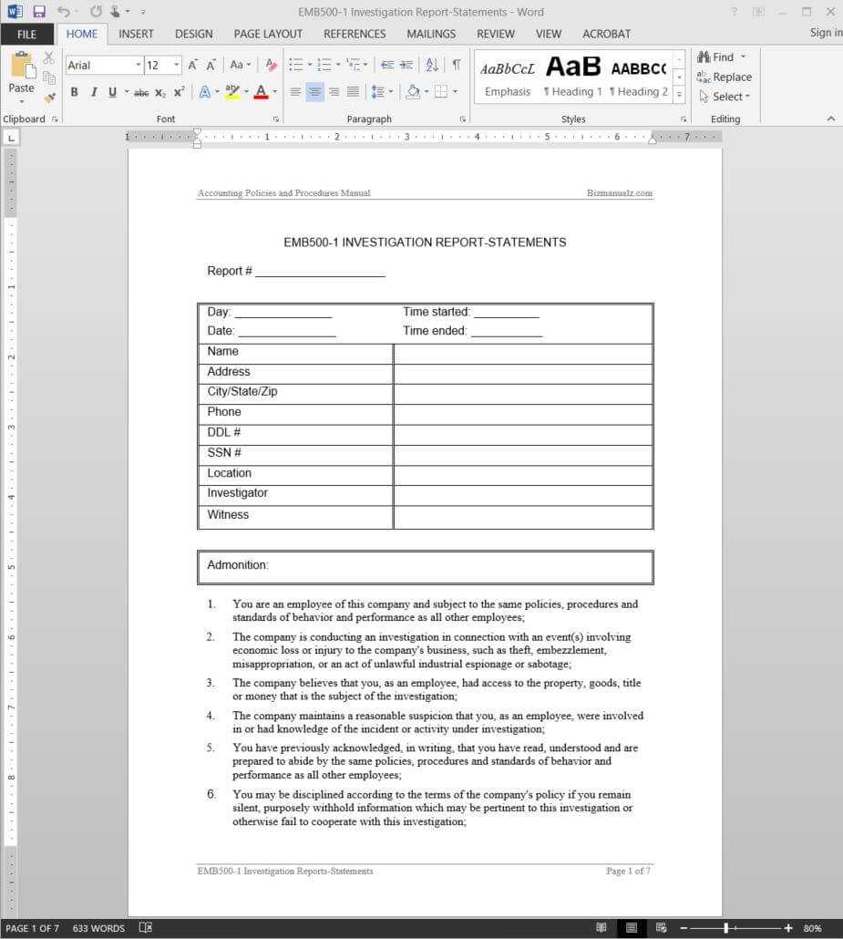 Investigation Report Template | Emb500 1 Inside Investigation Report Template Doc