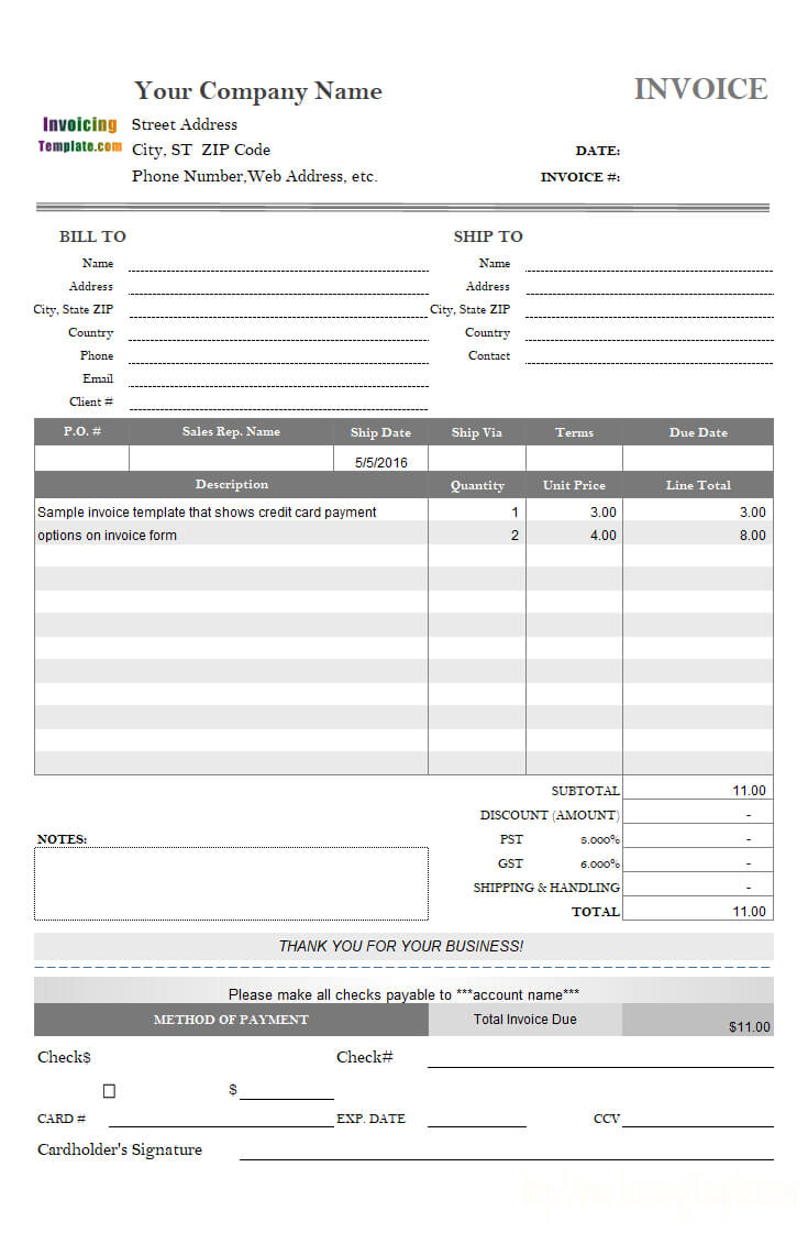 Invoice Template With Credit Card Payment Option For Credit Card Payment Slip Template