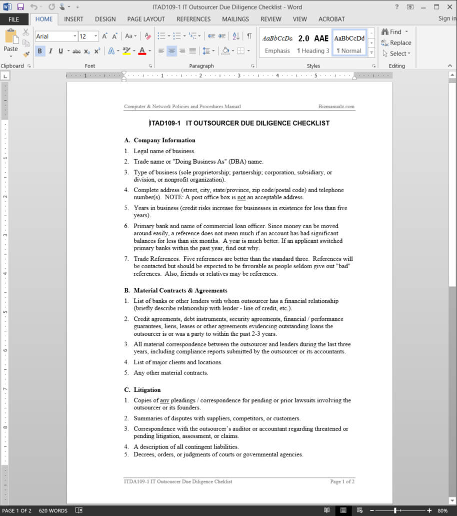 It Outsource Due Diligence Checklist Template | Itad109 1 Intended For Vendor Due Diligence Report Template