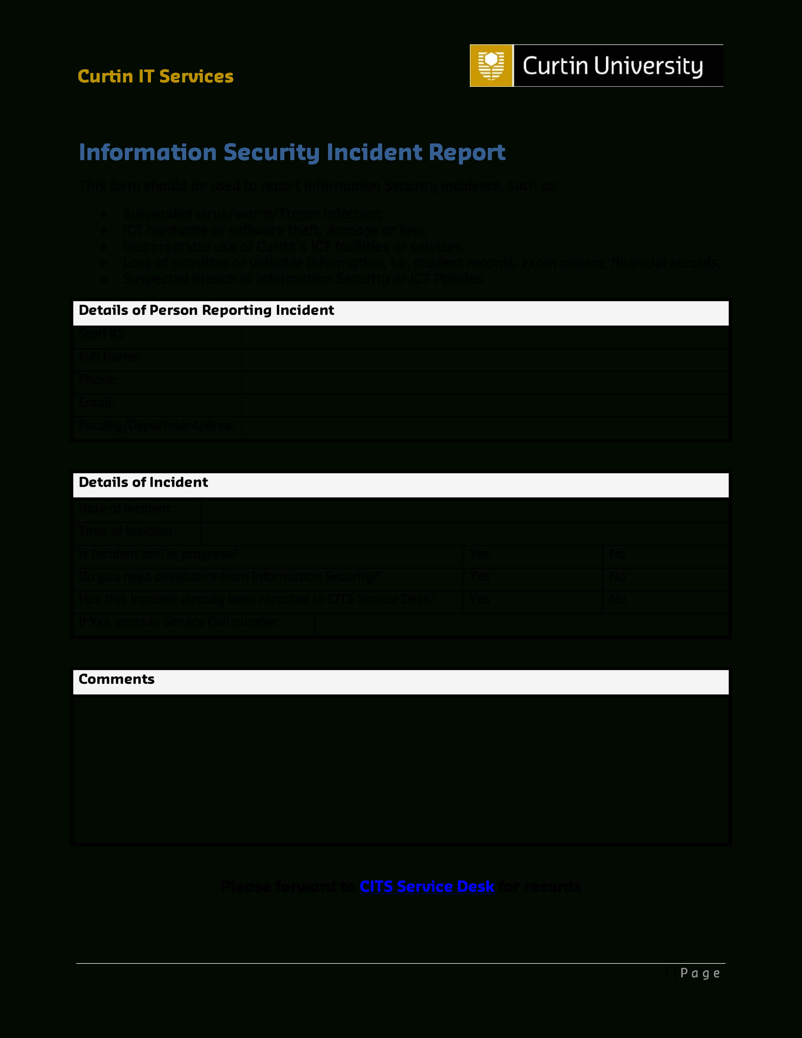 It Services Security Incident Report | Templates At For Computer Incident Report Template