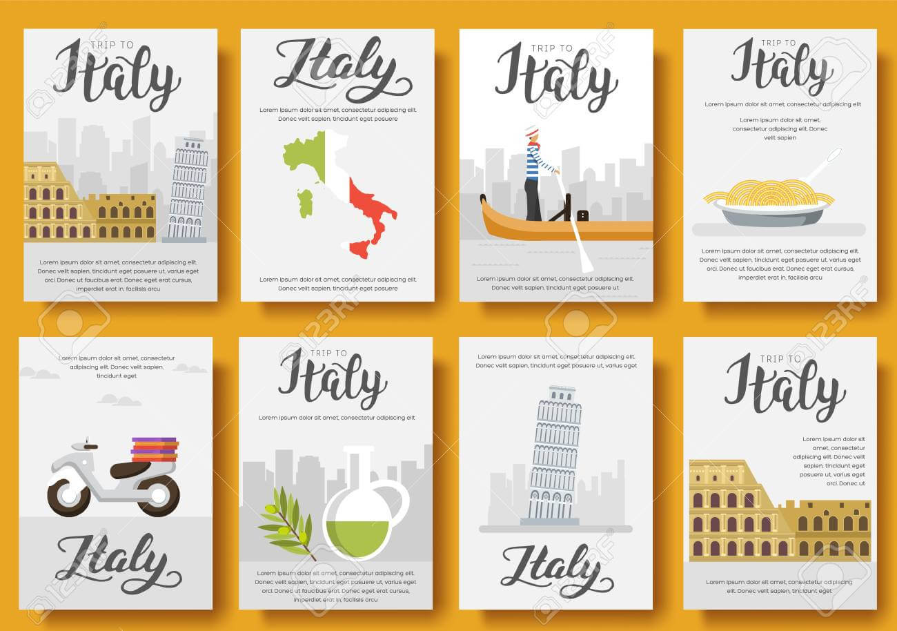 Italy Vector Brochure Cards Flat Set. Country Travel Template.. Inside Country Brochure Template