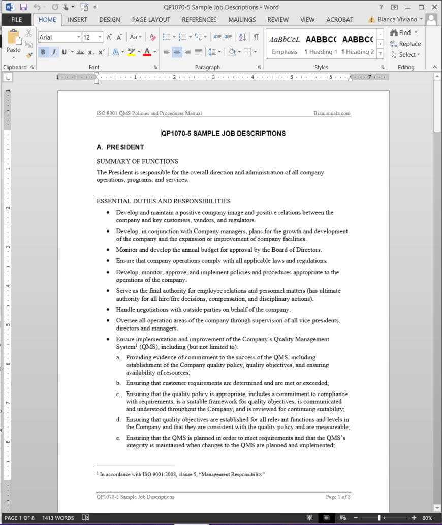 Job Descriptions Iso Template | Qp1070 5 Inside Job Descriptions Template Word