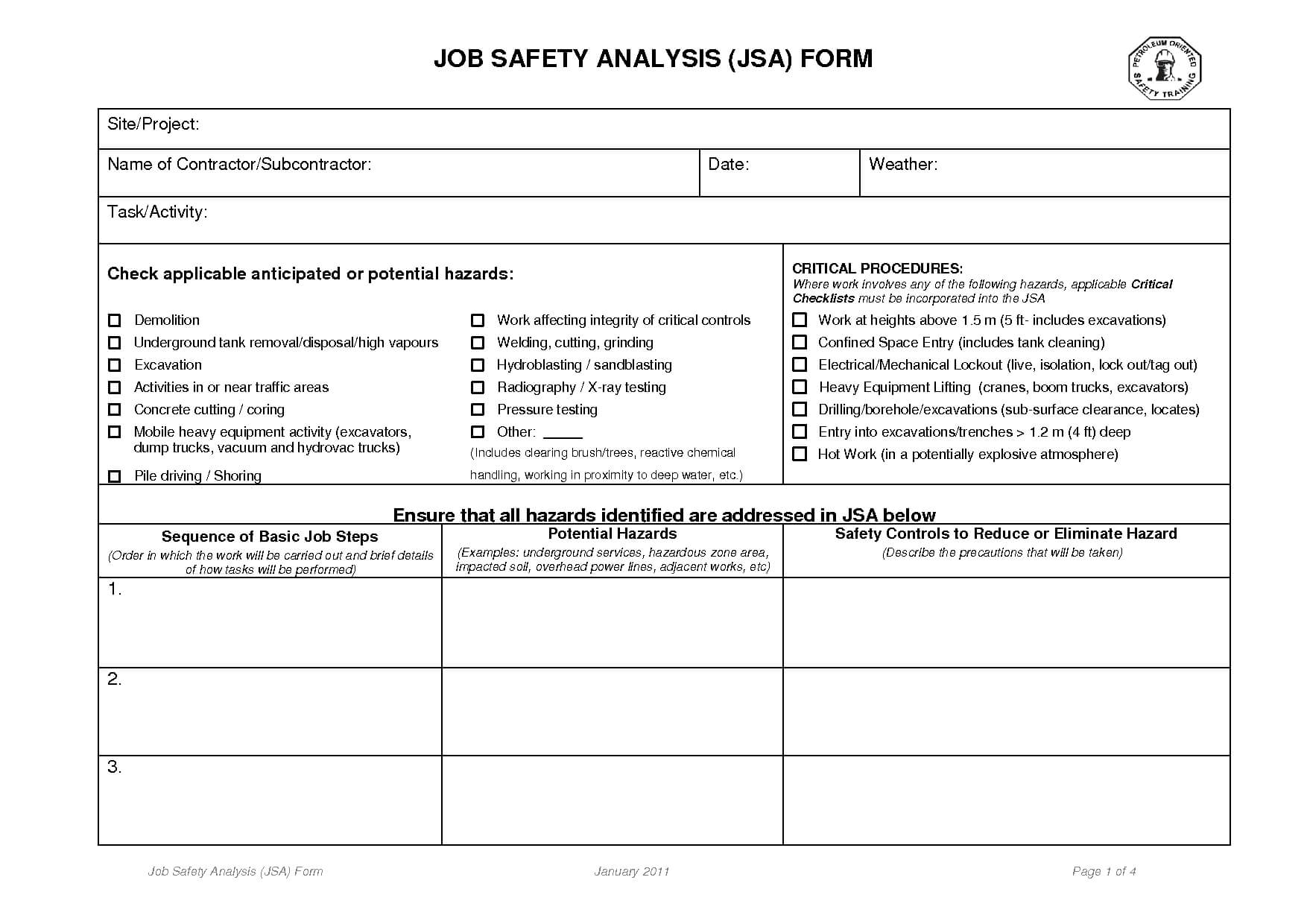 Job Safety Analysis Forms | Job Safety Analysis Form Intended For Safety Analysis Report Template