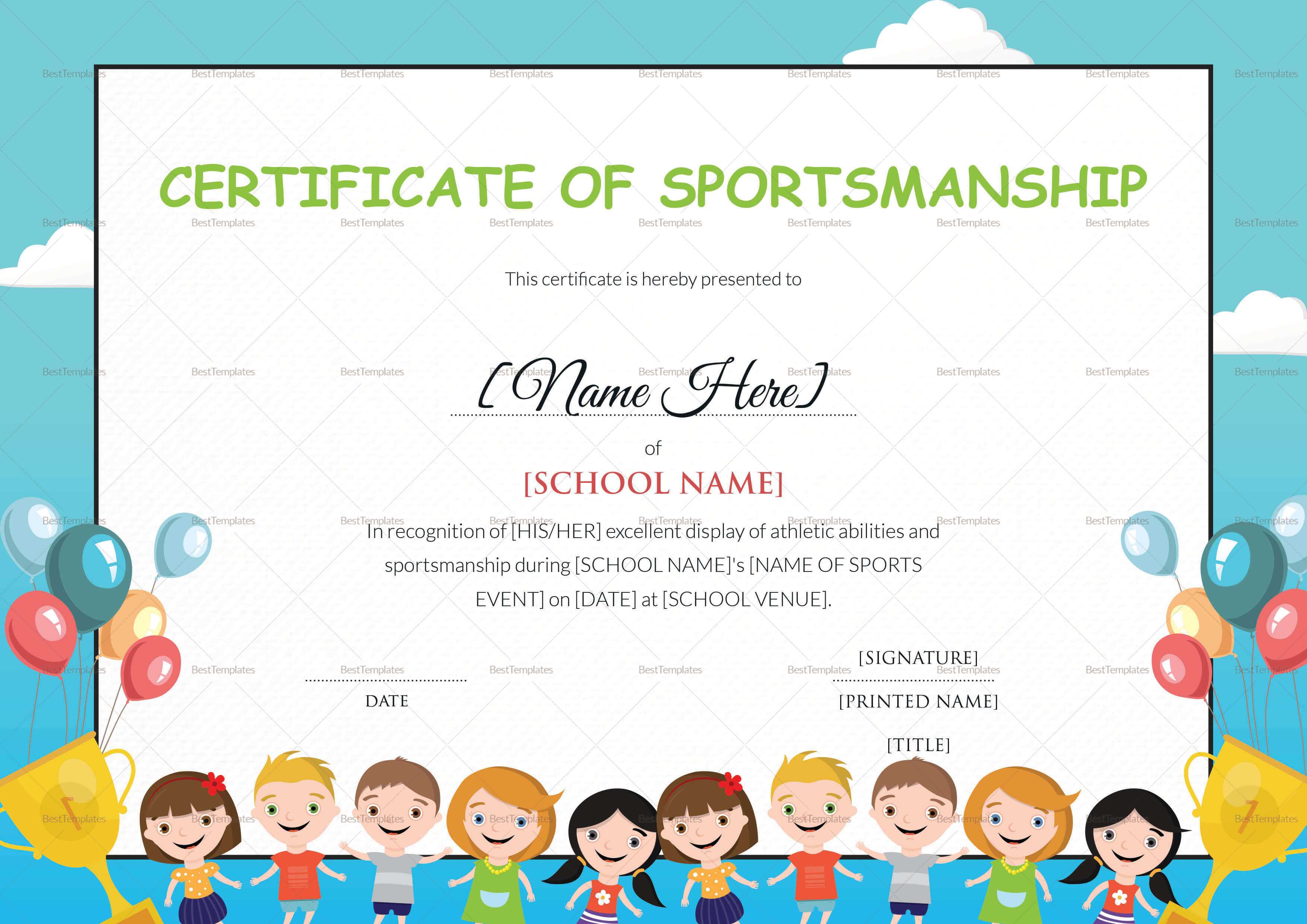 Kids Sportsmanship Certificate Template For Children's Certificate Template