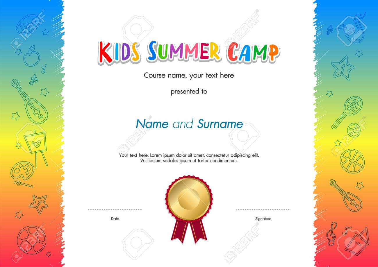 Kids Summer Camp Diploma Or Certificate Template Award Seal With.. For Summer Camp Certificate Template