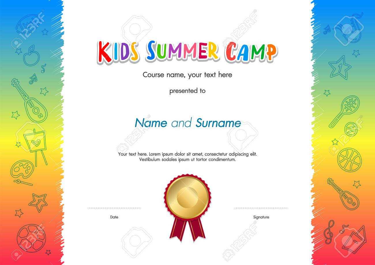 Kids Summer Camp Diploma Or Certificate Template Award Seal With.. For Summer Camp Certificate Template