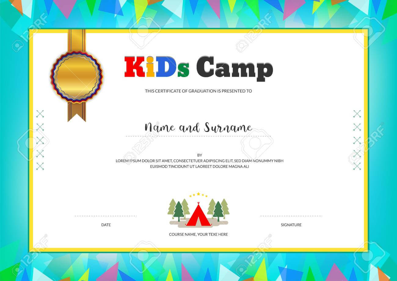 Kids Summer Camp Diploma Or Certificate Template With Colorful.. For Summer Camp Certificate Template