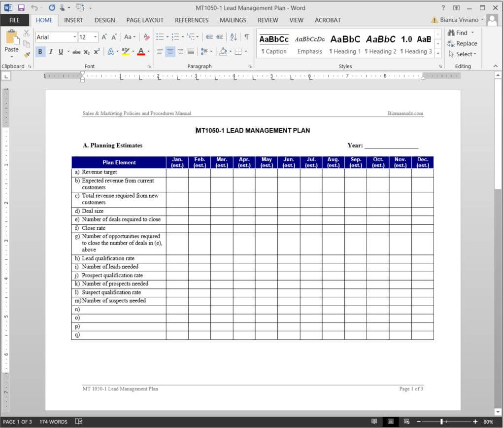 Lead Management Plan Template | Mt1050 1 Pertaining To Sales Lead Report Template