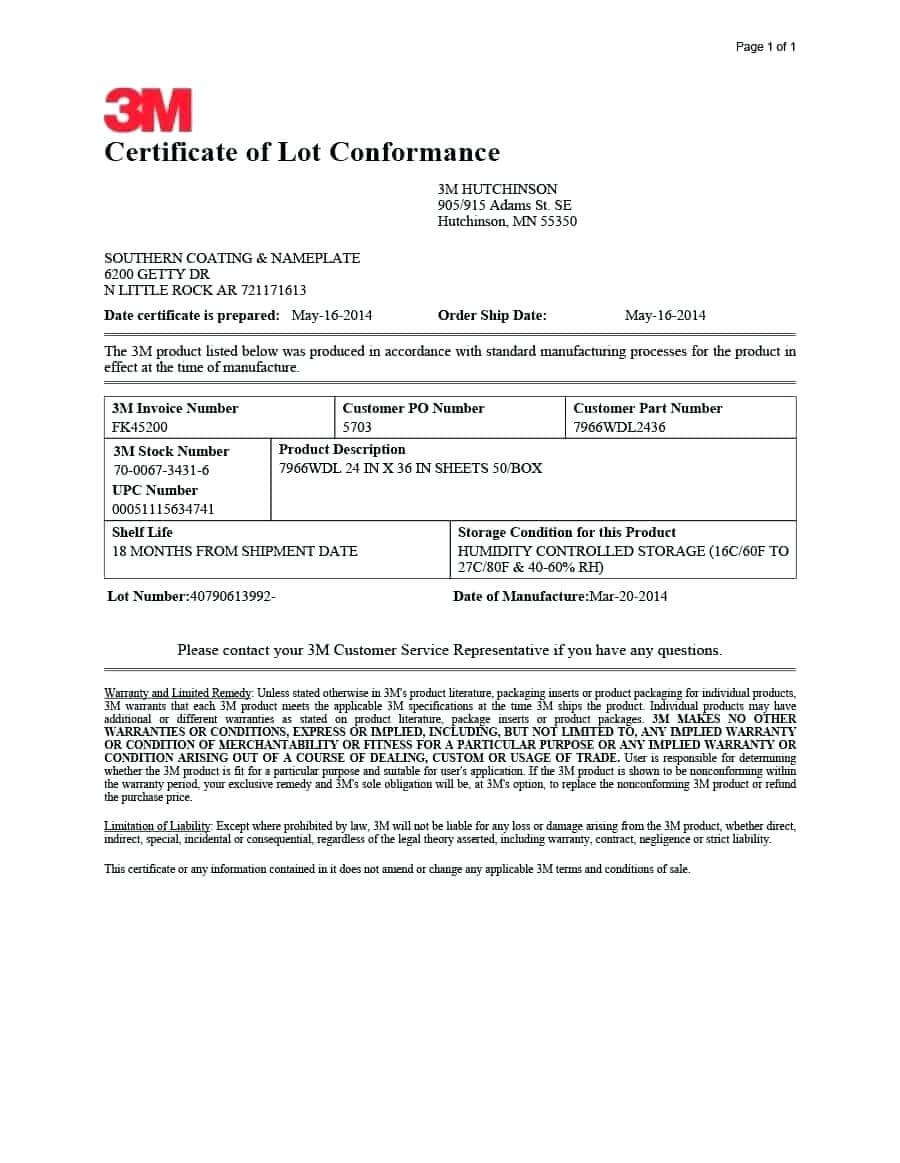 Letter Of Conformity Template For Certificate Of Conformance Template Free