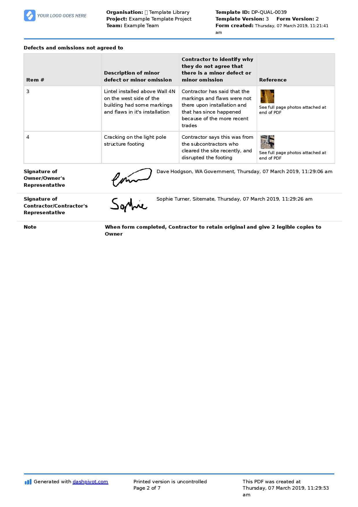 Letter To Contractor For Defective Work: Sample Letter And Pertaining To Construction Deficiency Report Template