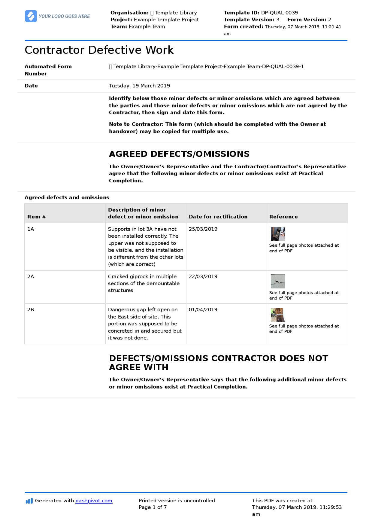 Letter To Contractor For Defective Work: Sample Letter And Regarding Construction Deficiency Report Template