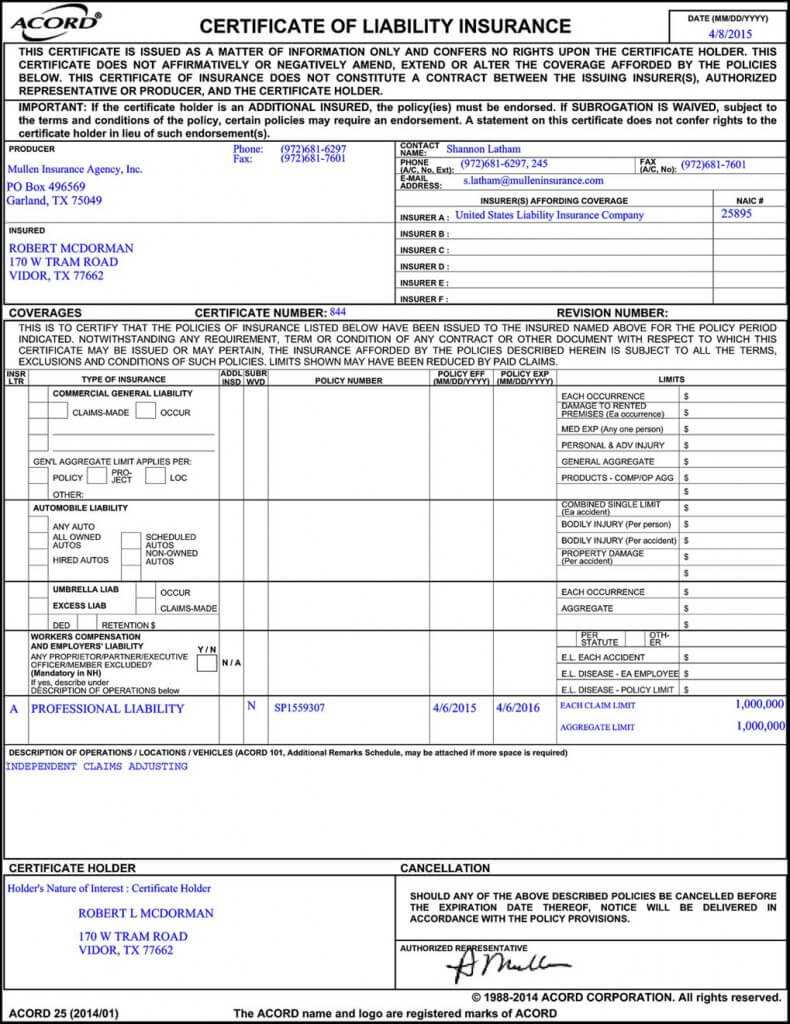 Liability Insurance: Liability Insurance Certificate For Certificate Of Liability Insurance Template