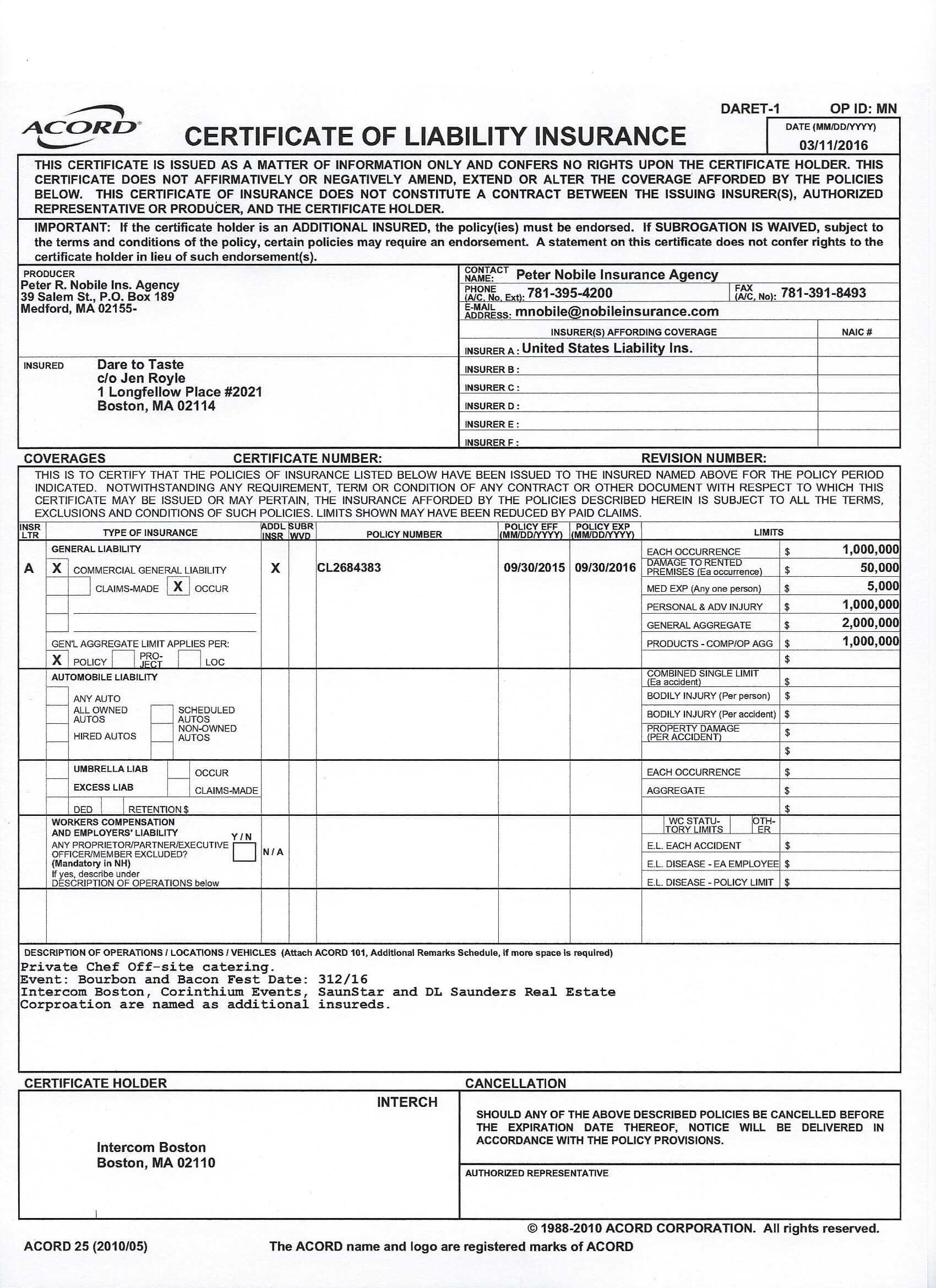 Licenses Dare To Taste Insu | Legalregulationreview Throughout Acord Insurance Certificate Template