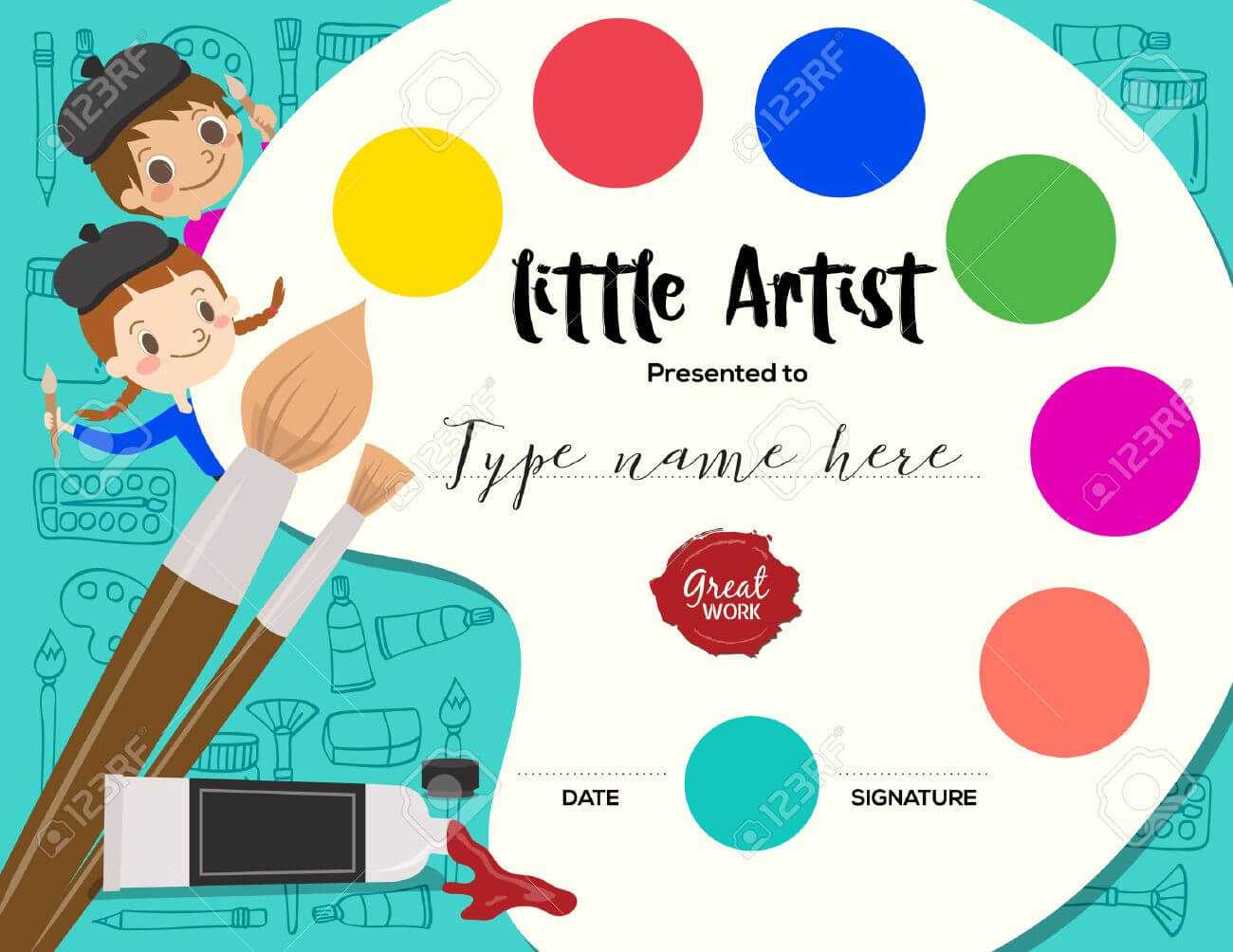 Little Artist, Kids Diploma Child Painting Course Certificate.. Regarding Preschool Graduation Certificate Template Free