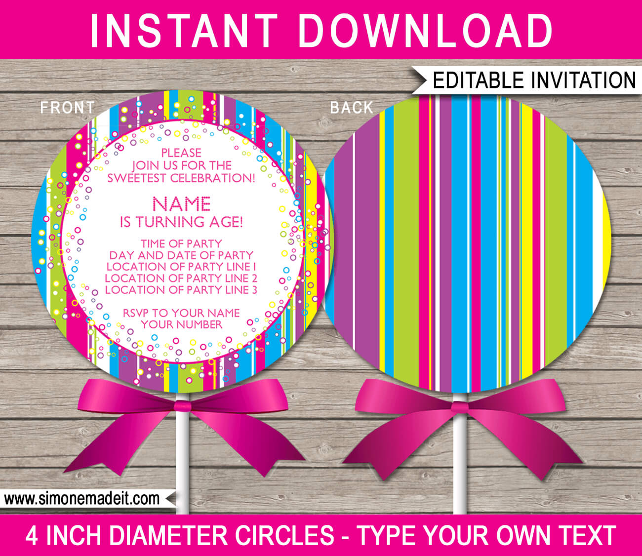 Lollipop Invitation Template – Pink Regarding Blank Candyland Template