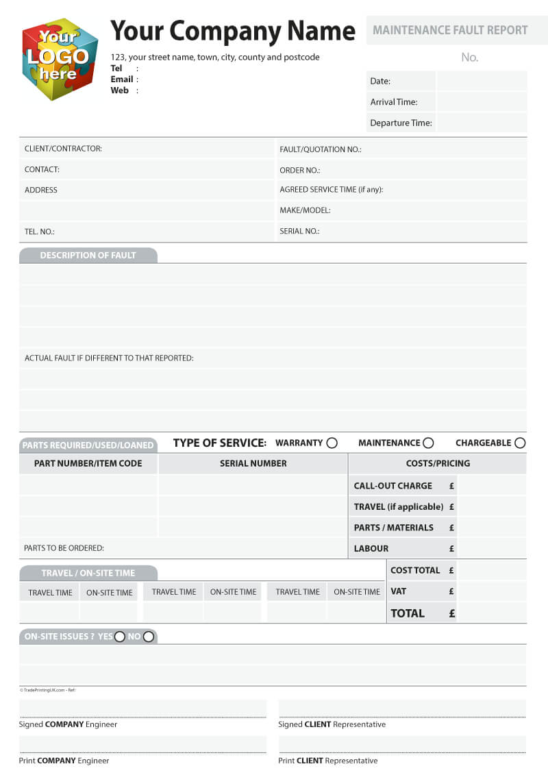 Maintenance Report Artwork Templates For Ncr Printed From £40 Inside Computer Maintenance Report Template