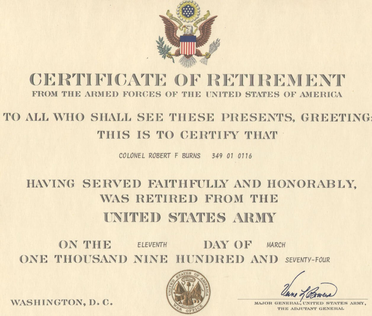 Major Robert F. Burns – Army Retirement Certificate For Inside Retirement Certificate Template