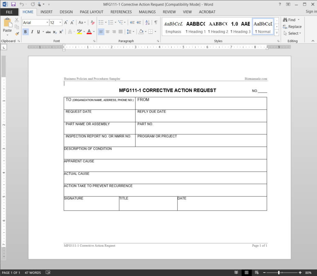 Manufacturing Corrective Action Request Template | Mfg111 1 Throughout Corrective Action Report Template