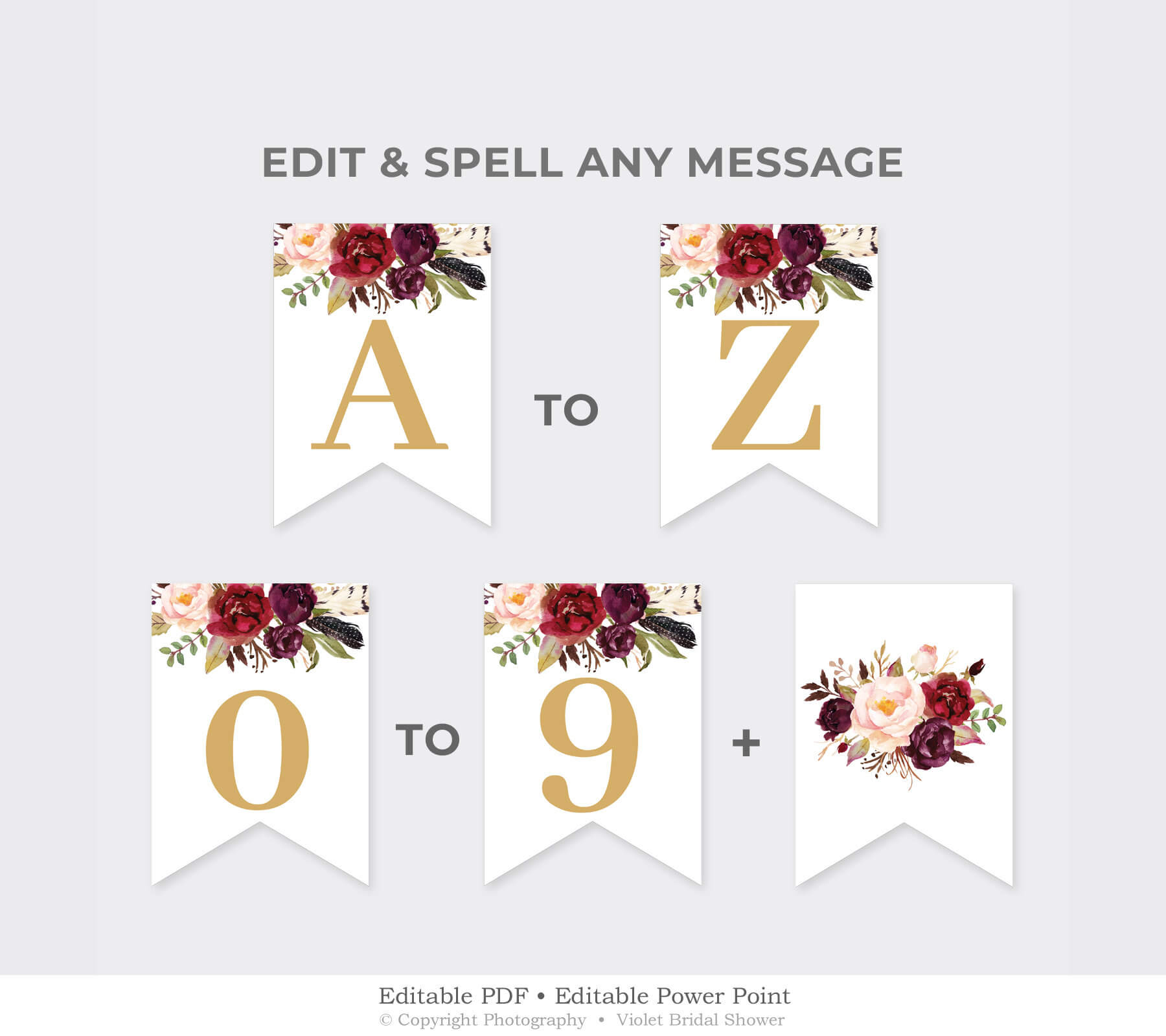 Marsala Party Banner Printable, Burgundy Floral Party Pennant, Bridal  Shower Banner Template, Red And Gold Banner Instant Download Mar1 Pertaining To Bridal Shower Banner Template