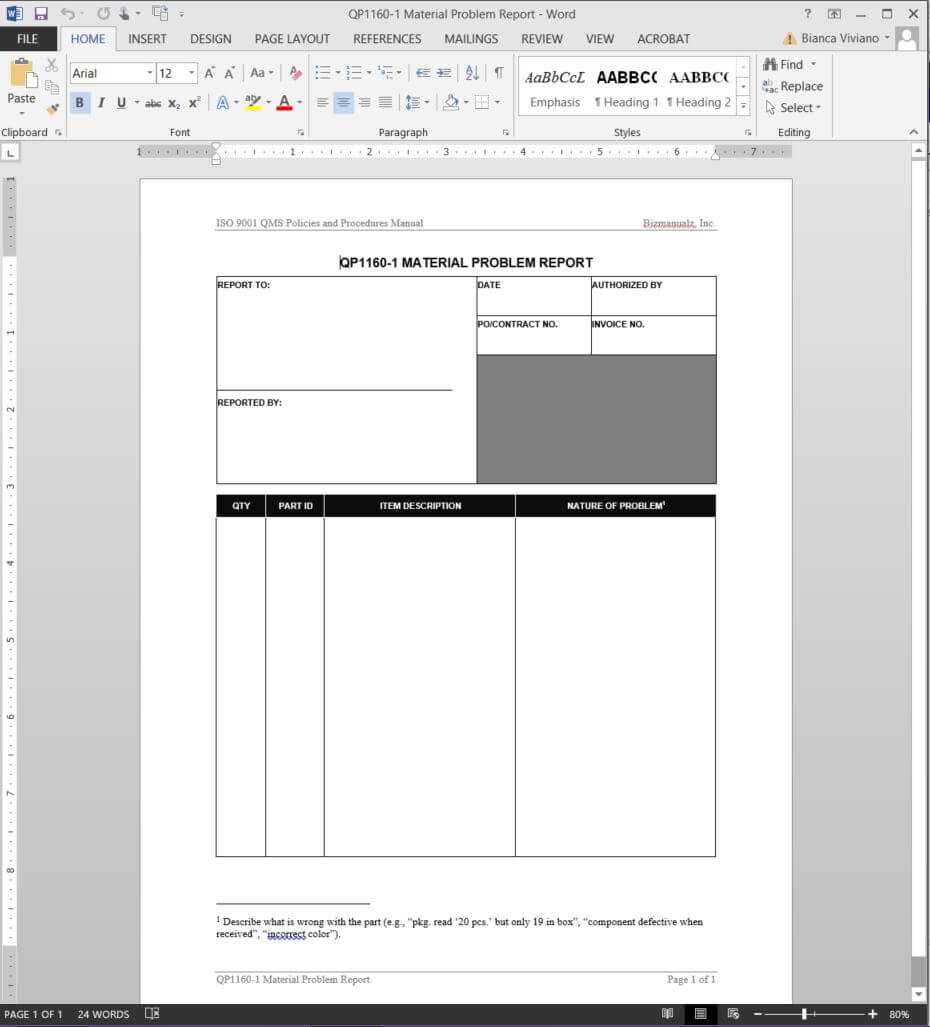 Material Problem Report Iso Template | Qp1160 1 For Software Problem Report Template