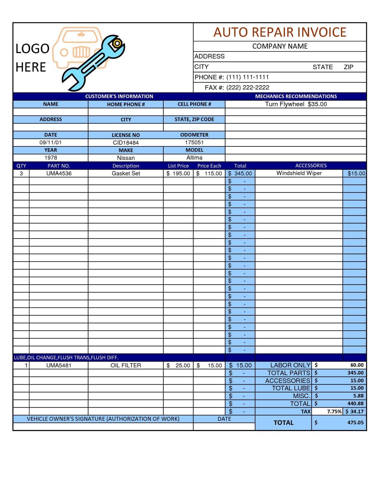 Mechanic Shop Invoice | Scope Of Work Template In 2019 In Job Card Template Mechanic